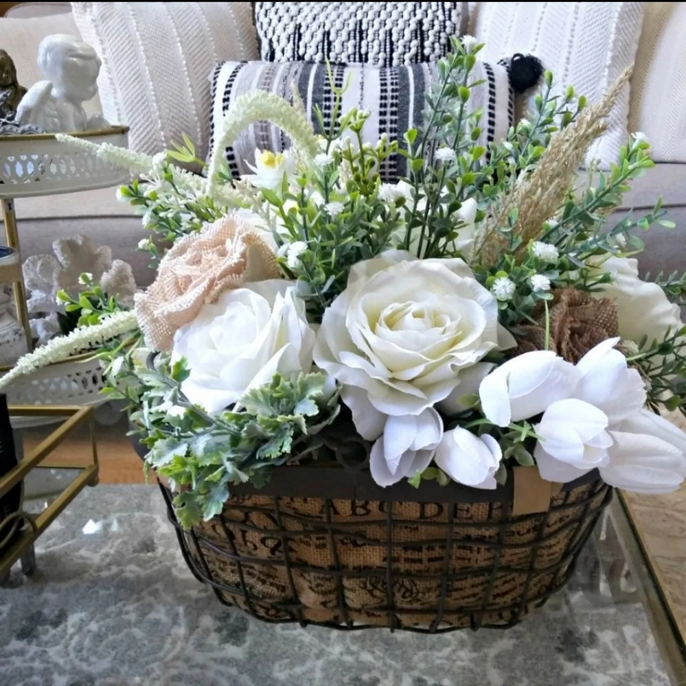 🧺 RUSTIC French COTTAGE Wire BASKET Burlap ROSES DECOR 🧺